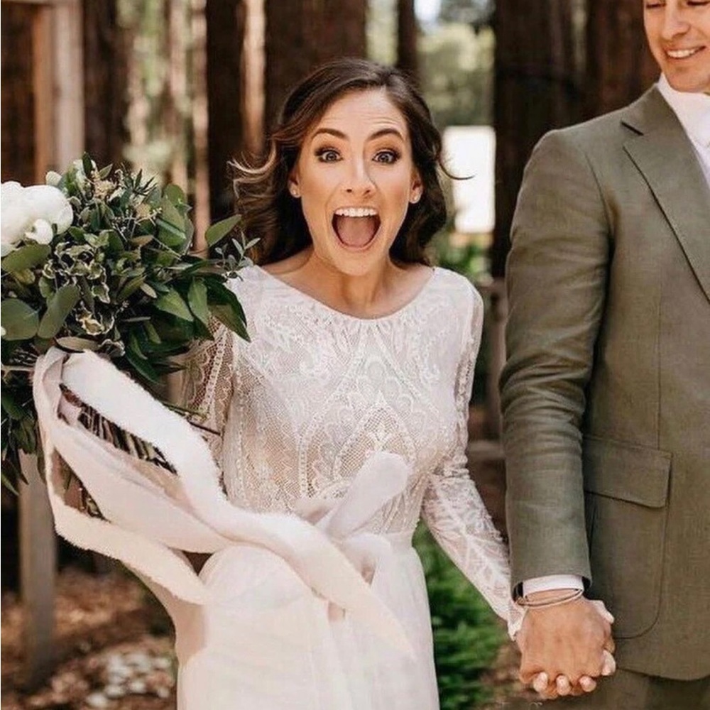 Boho ivory lace wedding dress and lace wedding veil